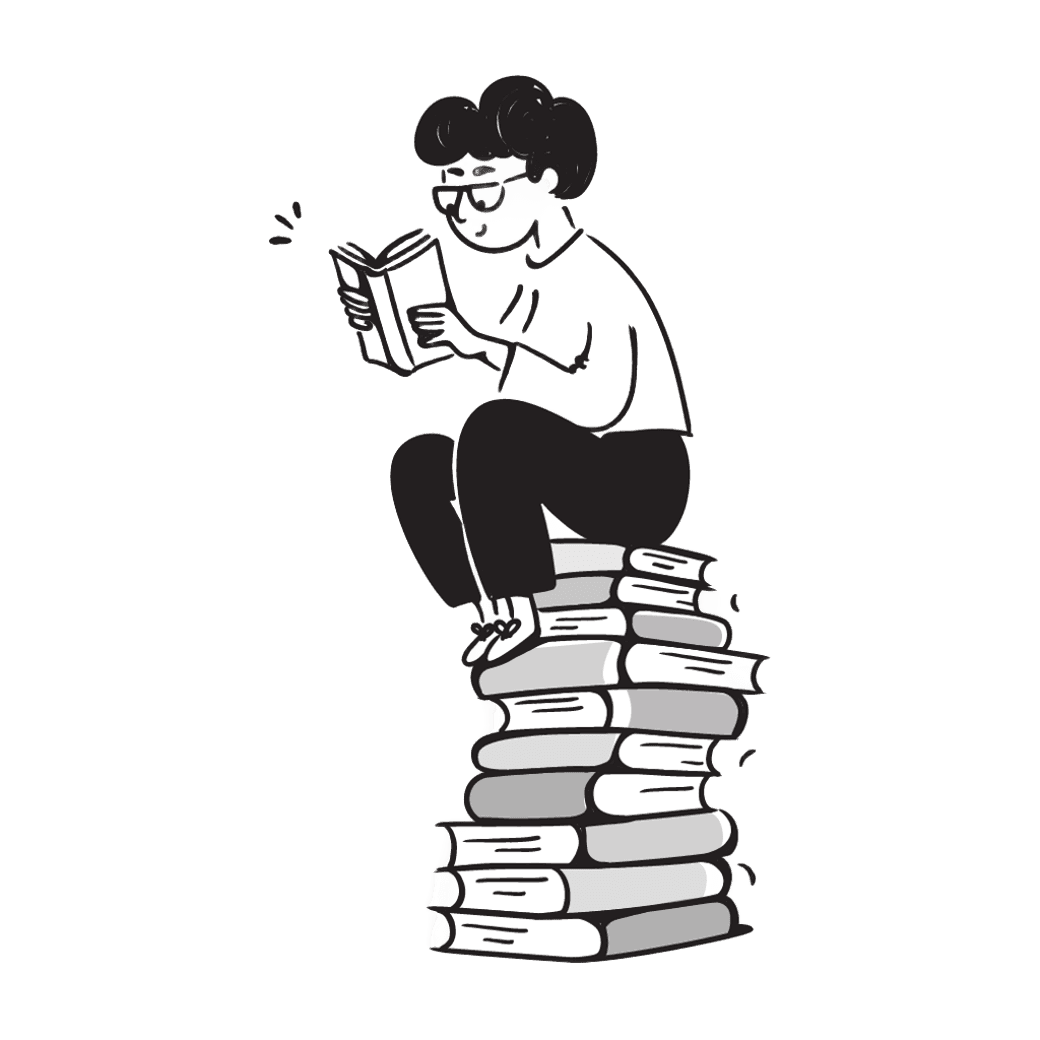 Persona sentada en una pila de libros leyendo